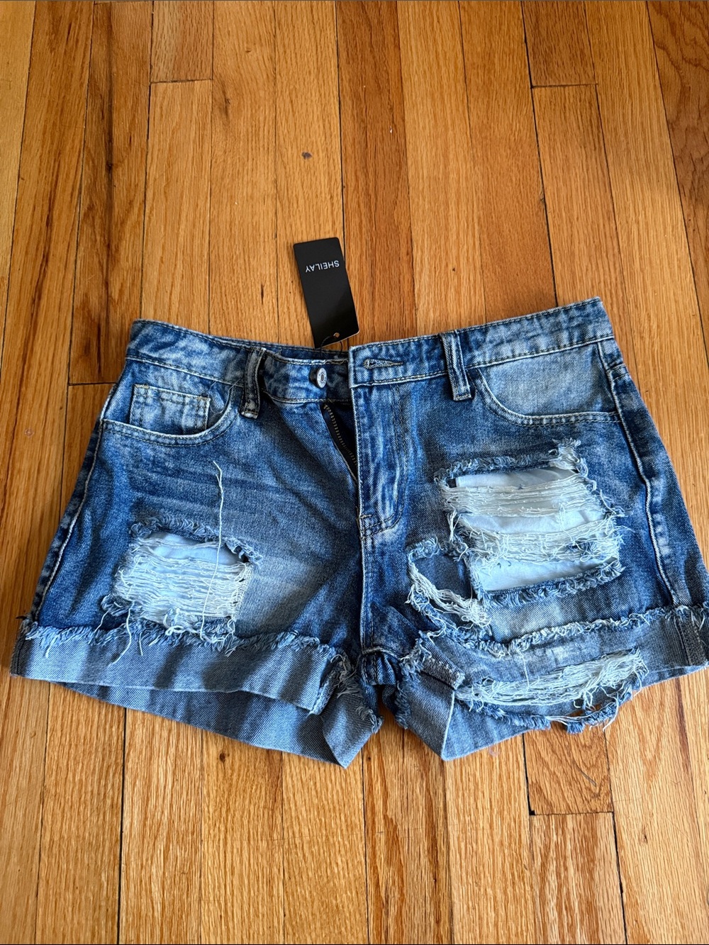 Distressed Blue Denim Jean Shorts - Frayed Hem Casual Summer Wear